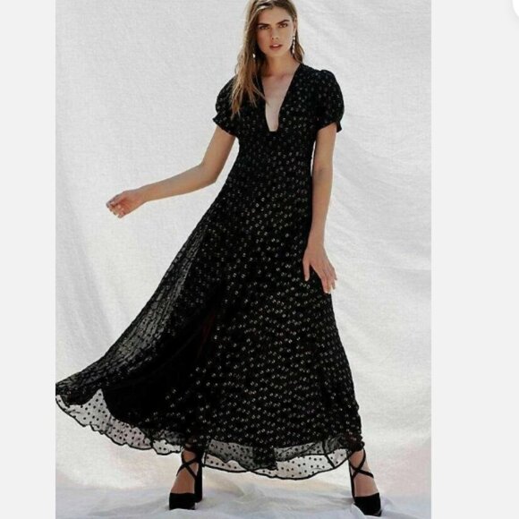 Free People Wanderer Chiffon Black and Gold Plunge Neck Maxi Dress Size 2 - Picture 1 of 12